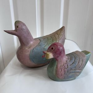 Set Of 2 Vintage Hand Carved Wooden Ducks Painted In Pastel Colors Decorative